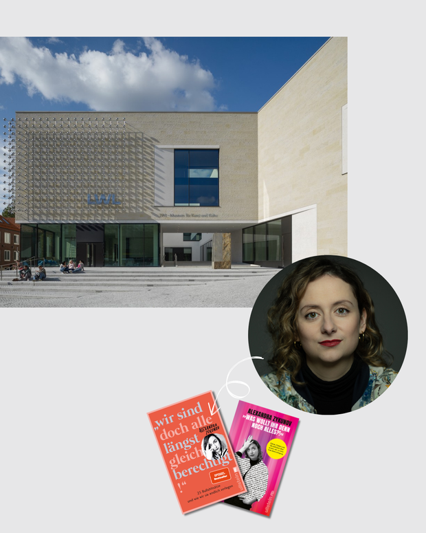 Collage: Landesmuseum für Kunst und Kultur, Portraitbild von Alexandra Zykunov und Buchcover. Collage: Landesmuseum für Kunst und Kultur, Portraitbild von Alexandra Zykunov und Buchcover.